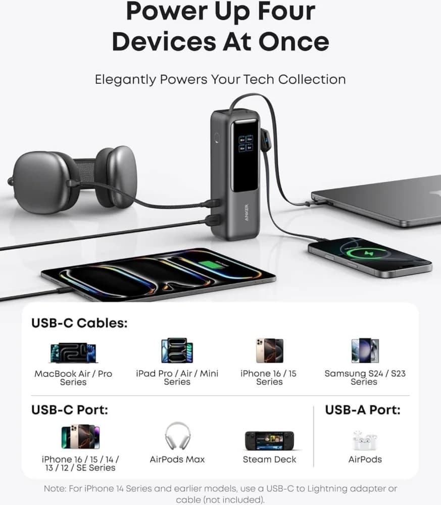 Anker Power Bank, 25,000mAh 165W Ultra-Fast Portable Charger for Dual Laptops, Fast Charging Battery Pack with Built-In & Retractable Cables | A1695H1 6