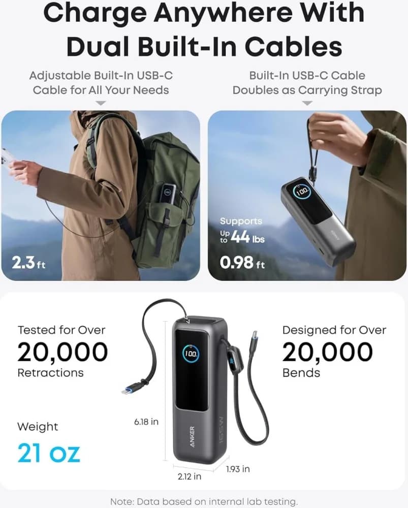 Anker Power Bank, 25,000mAh 165W Ultra-Fast Portable Charger for Dual Laptops, Fast Charging Battery Pack with Built-In & Retractable Cables | A1695H1 2