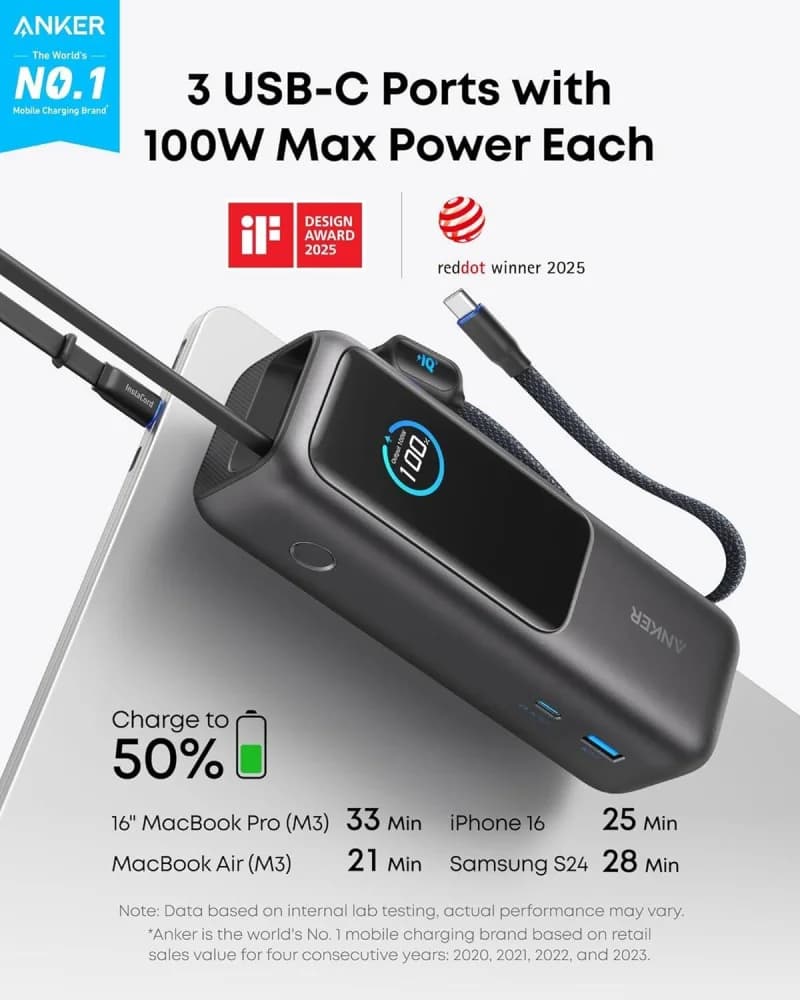 Anker Power Bank, 25,000mAh 165W Ultra-Fast Portable Charger for Dual Laptops, Fast Charging Battery Pack with Built-In & Retractable Cables | A1695H1 5