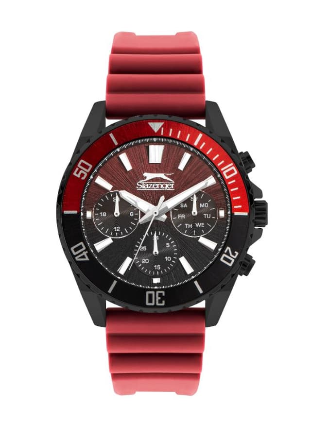 SLAZENGER Men Multi Function Gun Dial Watch Red Silicone bracelet