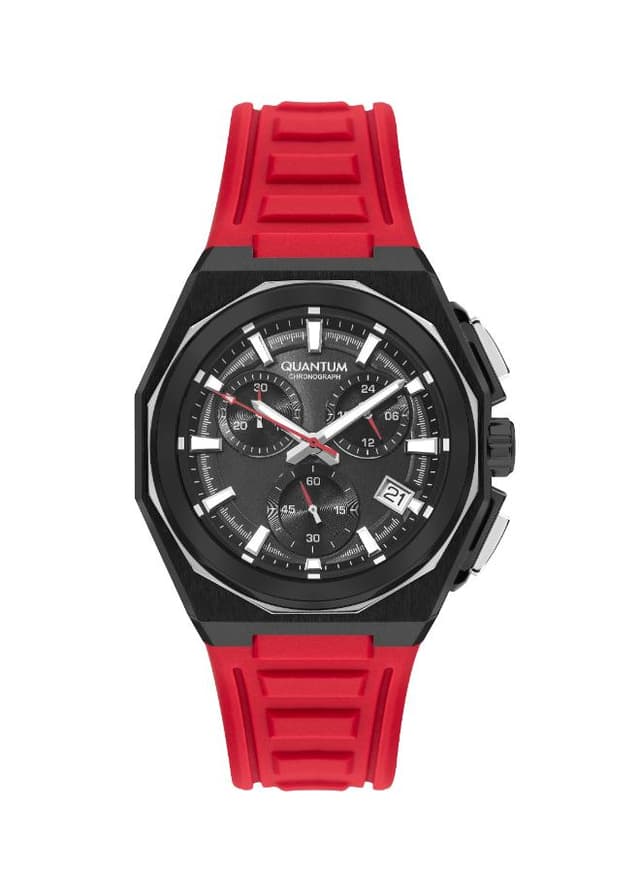 Quantum Men's Chronograph Black Dial Watch Red Silicon Strap bracelet
