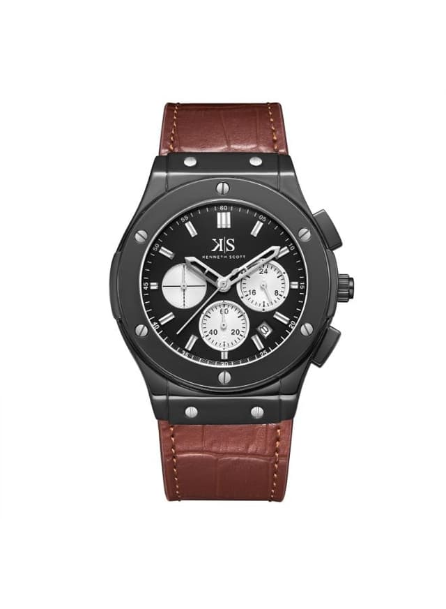 Kenneth Scott Men's Black Dial Watch Leather bracelet with Square Buckle