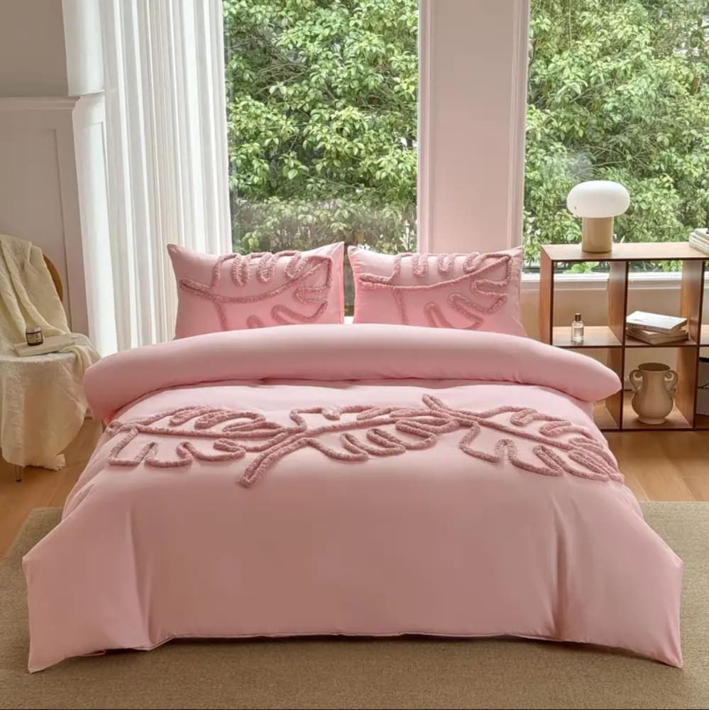 1 set bedding set with 1 cover and 2 pillowcases, Fern leaf design high end fresh green bohemian style comfort home decor 2