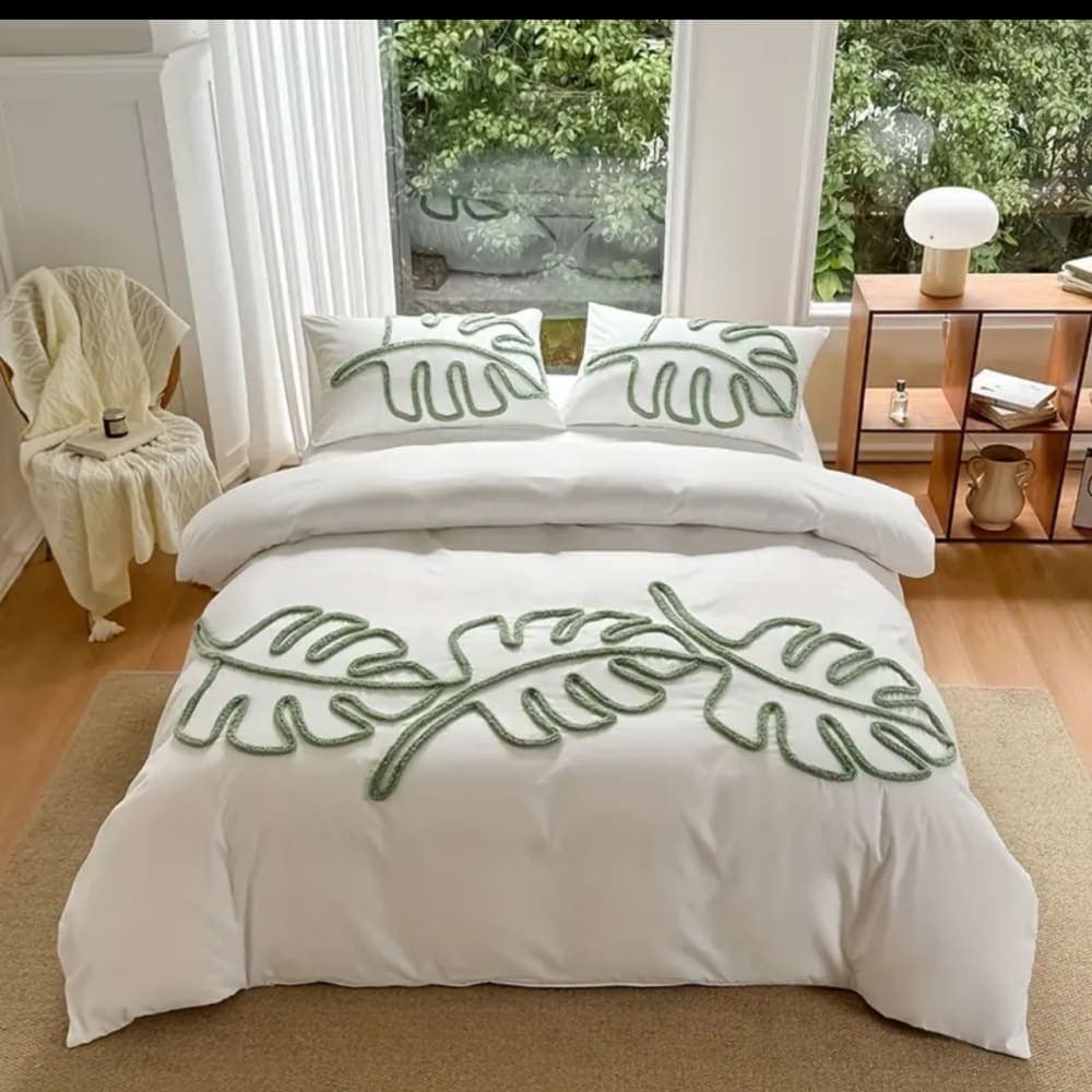 1 set bedding set with 1 cover and 2 pillowcases, Fern leaf design high end fresh green bohemian style comfort home decor 3