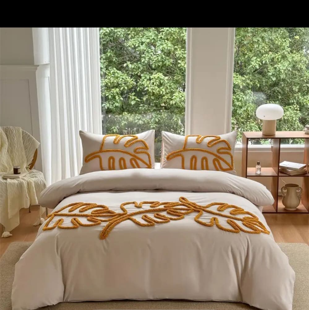 1 set bedding set with 1 cover and 2 pillowcases, Fern leaf design high end fresh green bohemian style comfort home decor 4