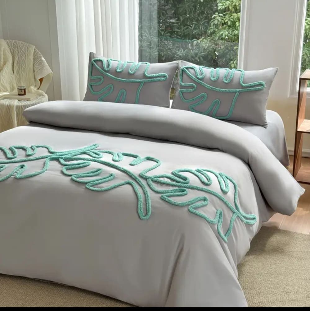 1 set bedding set with 1 cover and 2 pillowcases, Fern leaf design high end fresh green bohemian style comfort home decor 5
