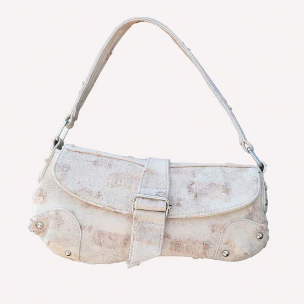 Women denim distressed asymmetric shoulder bag 