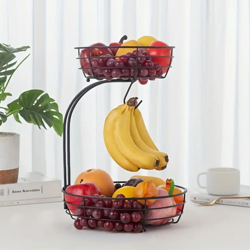 2-Tier Black Metal Fruit Stand With Wheels 