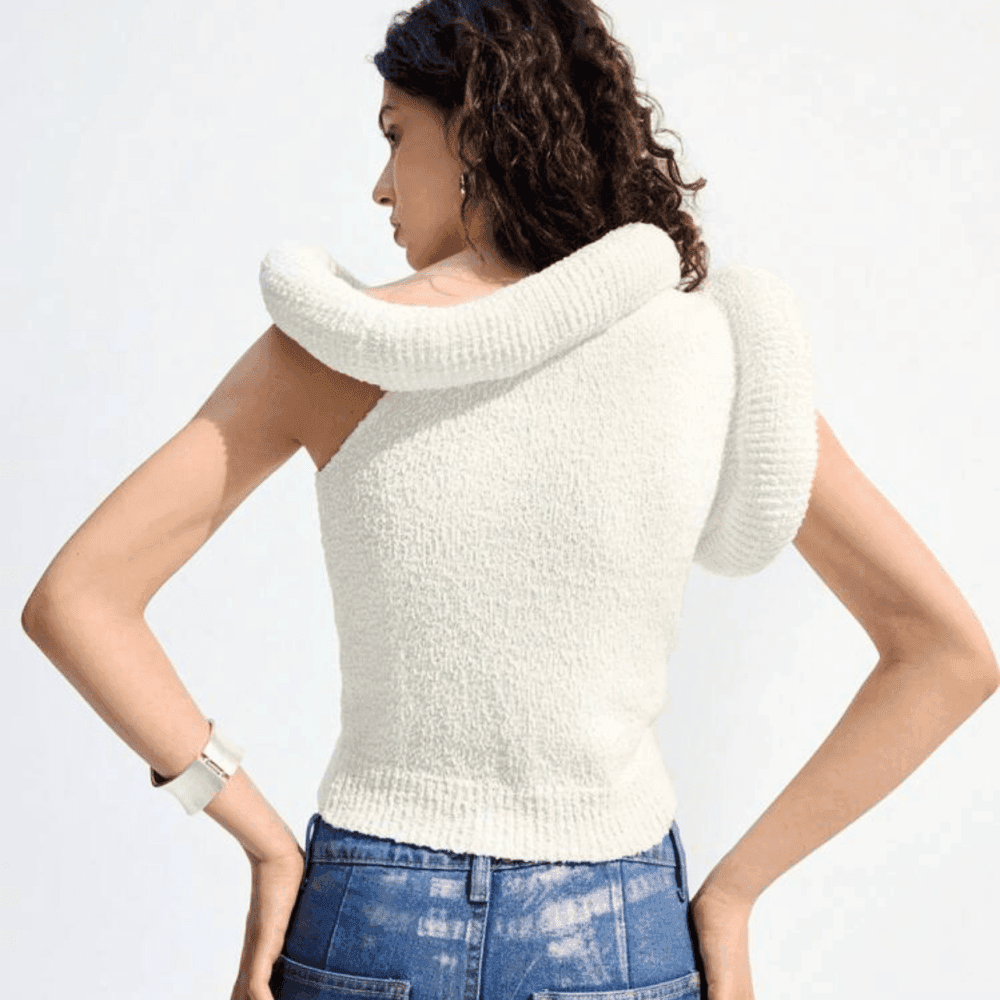 Casual Asymmetrical Shoulder Fitted Knit Top 2