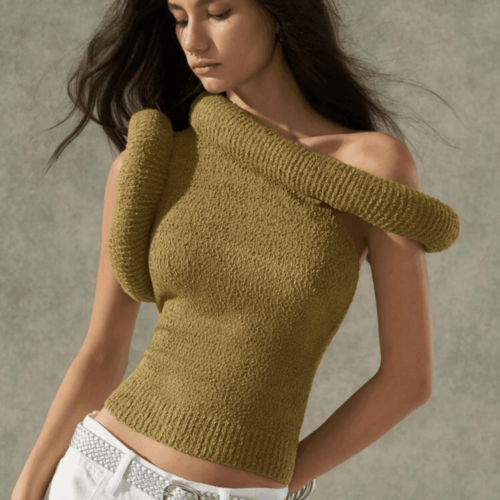 Casual Asymmetrical Shoulder Fitted Knit Top 3