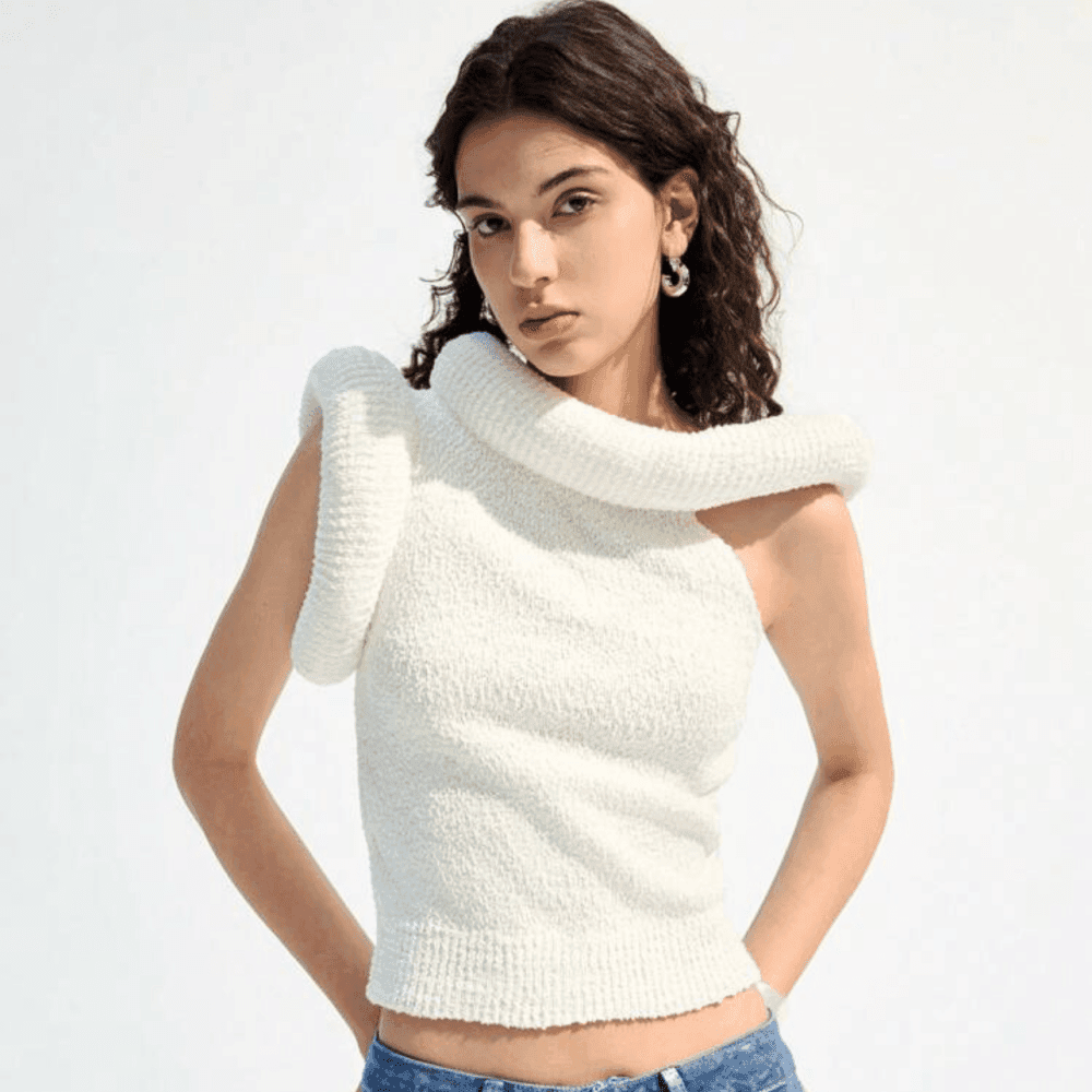 Casual Asymmetrical Shoulder Fitted Knit Top 4