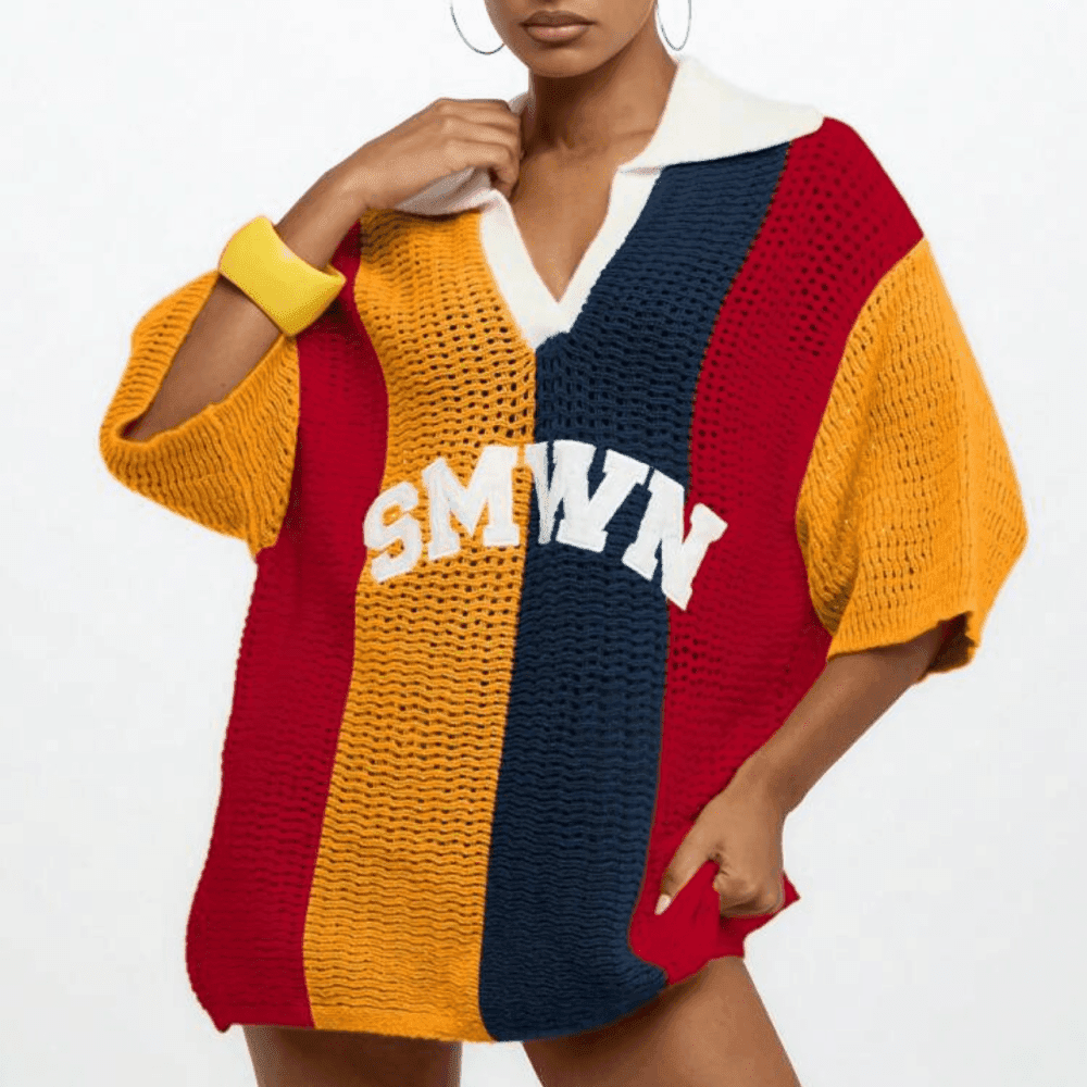 Crochet Oversized Polo Collar Pullover Top