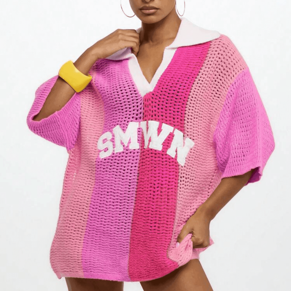 Crochet Oversized Polo Collar Pullover Top 3