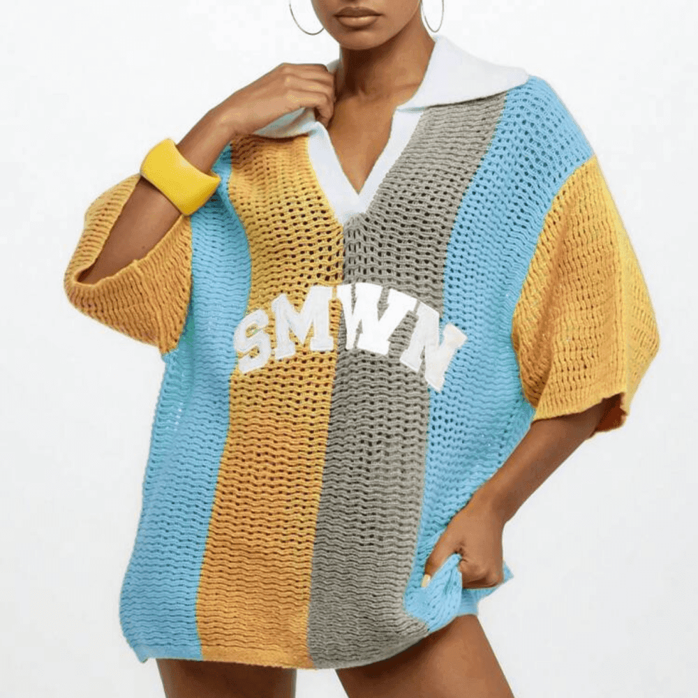 Crochet Oversized Polo Collar Pullover Top 4