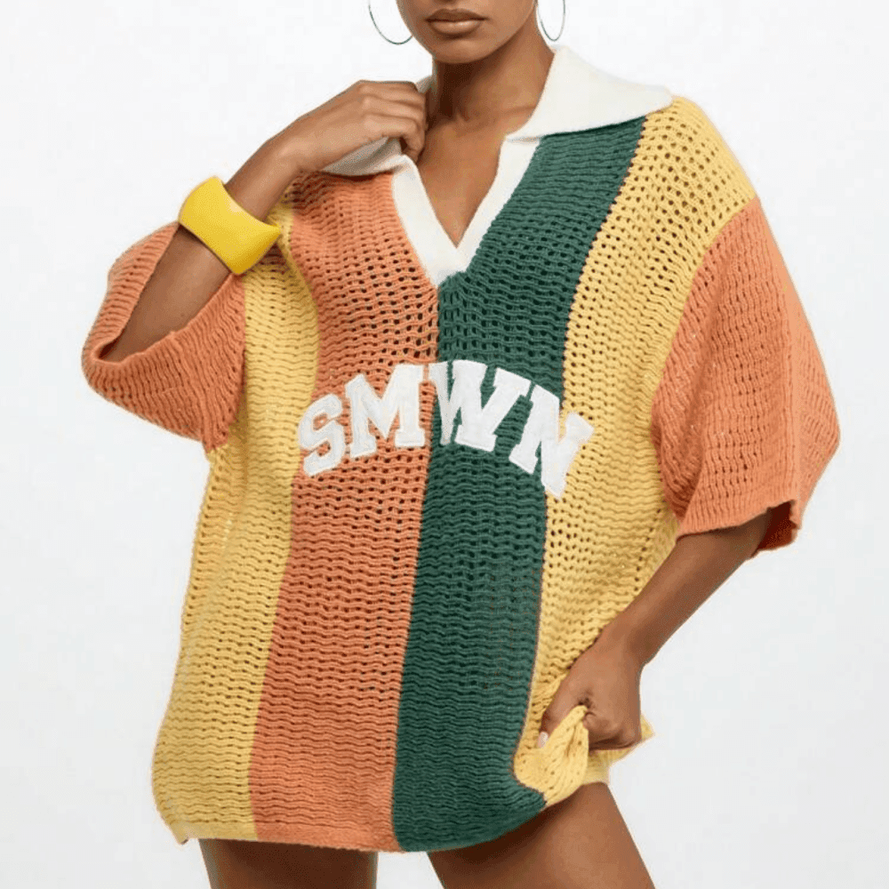 Crochet Oversized Polo Collar Pullover Top 5