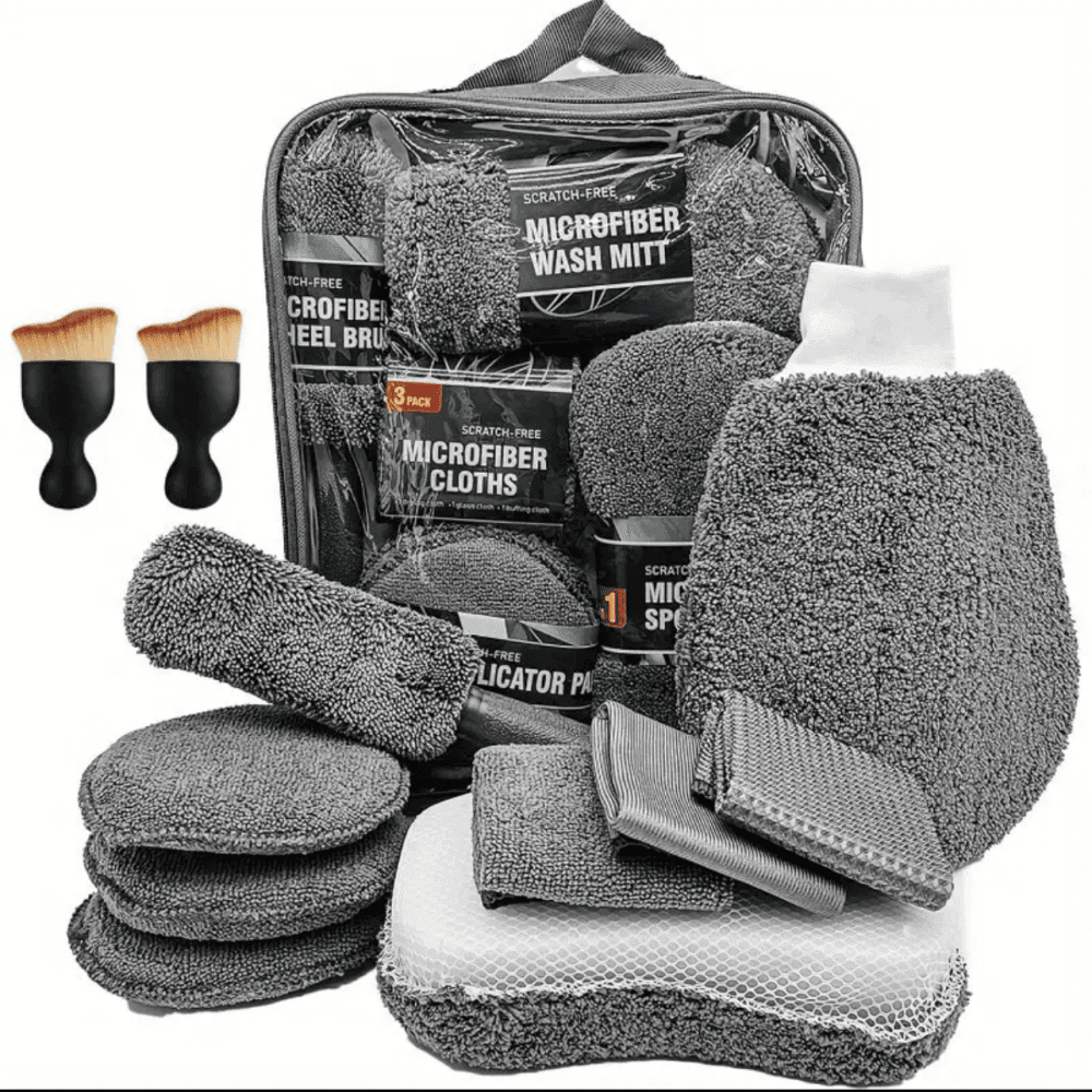 11pcs Car Cleaning Kit That Includes A Tire Brush,Microfiber Cleaning Gloves,Scratch Removal Pads and Detailing Sponges