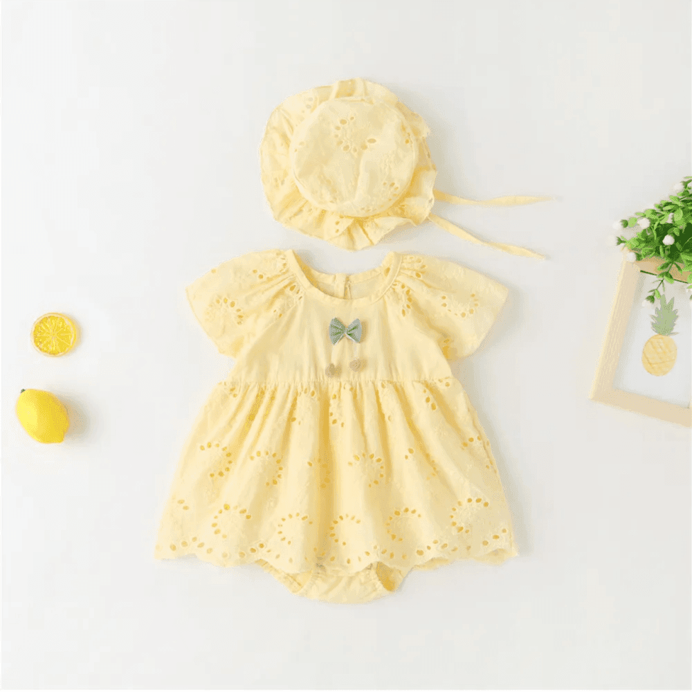 Solid color Hollow-Out Short-Sleeve Rompers Hat Two-Piece Set