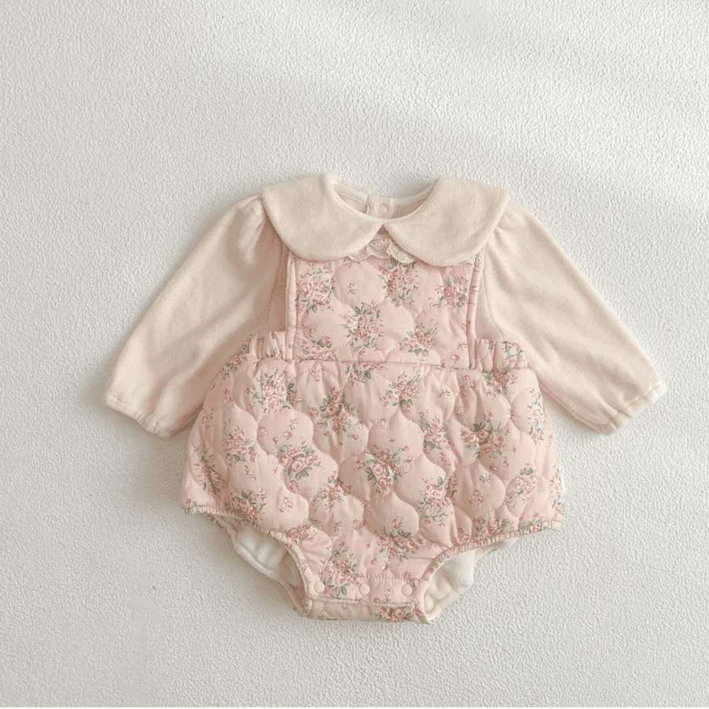 Fleece-Lined Lapel Long sleeve Top Floral Printed Rompers Two piece set