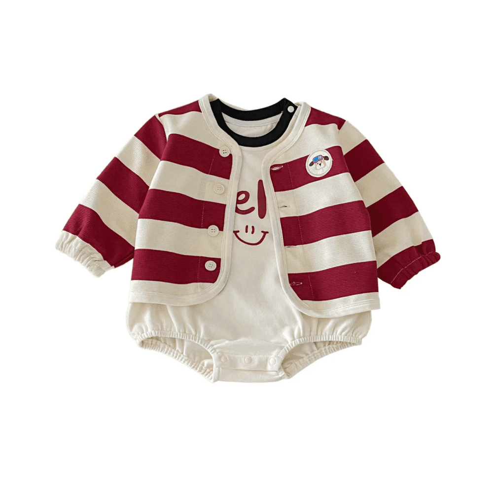 Casual Stripe Coat Long Sleeve Rompers Two Piece Set 4