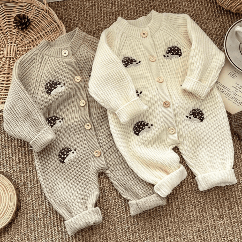 Cute Autumn Knitted Embroidered Hedgehog Long sleeve Jumpsuits