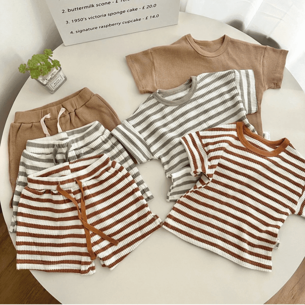 Casual Stripe Waffler Short sleeve T shirt Shorts Two piece Set