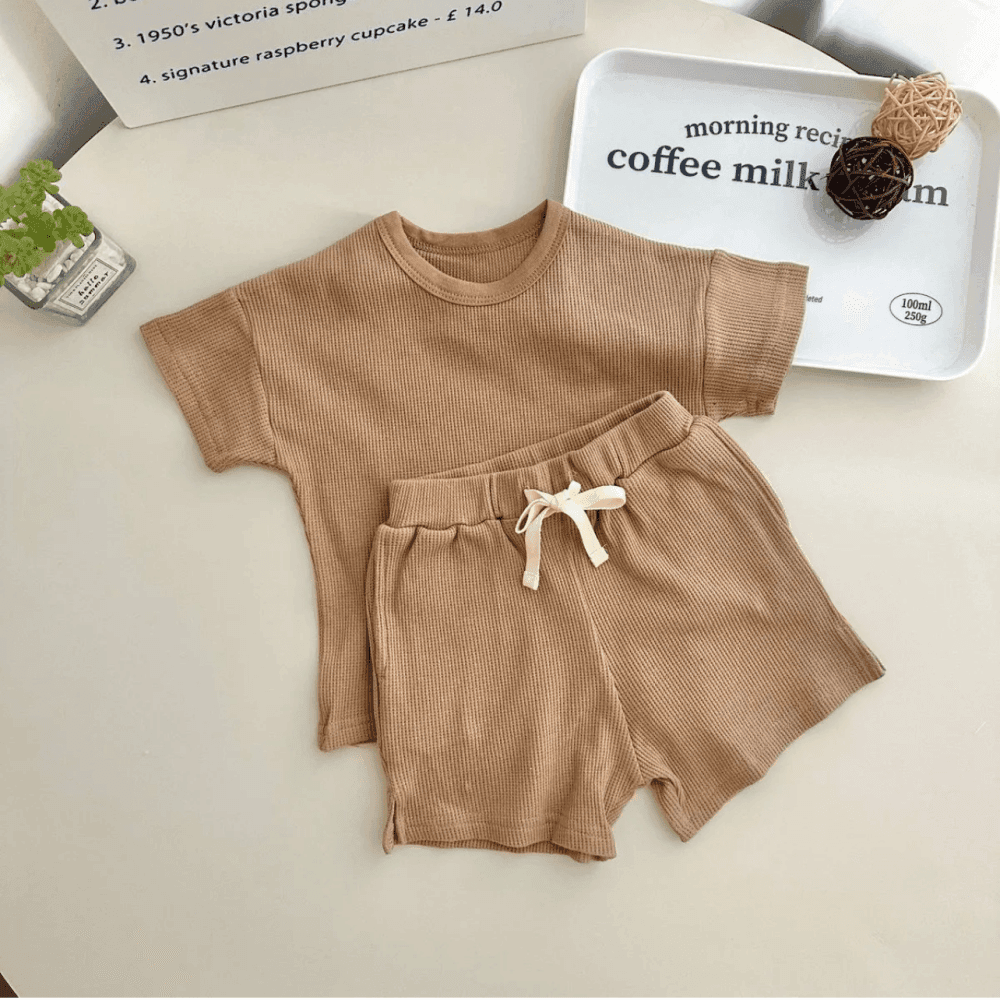 Casual Stripe Waffler Short sleeve T shirt Shorts Two piece Set 3