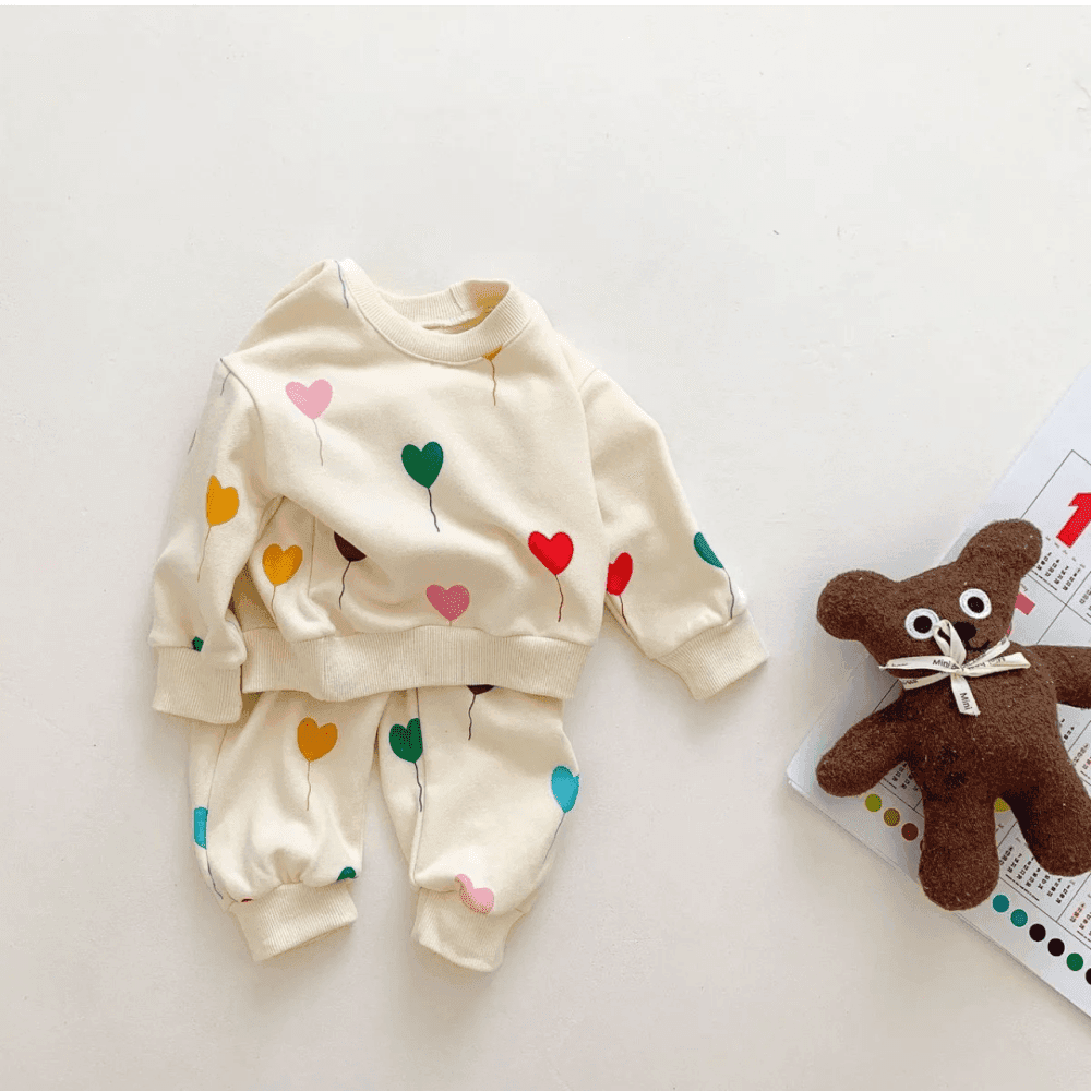 Boys Girls Cute Heart Print Long Sleeve Sweatshirts Pants Sets 2