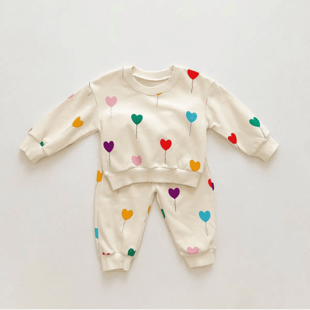Boys Girls Cute Heart Print Long Sleeve Sweatshirts Pants Sets 4