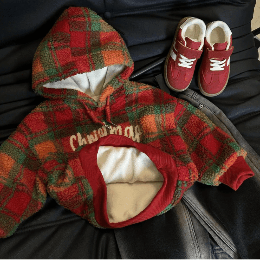 Winter Plaid Fleece-Lined Warm long Sleeve Hoodies Loose Pants Two Piece Set 2