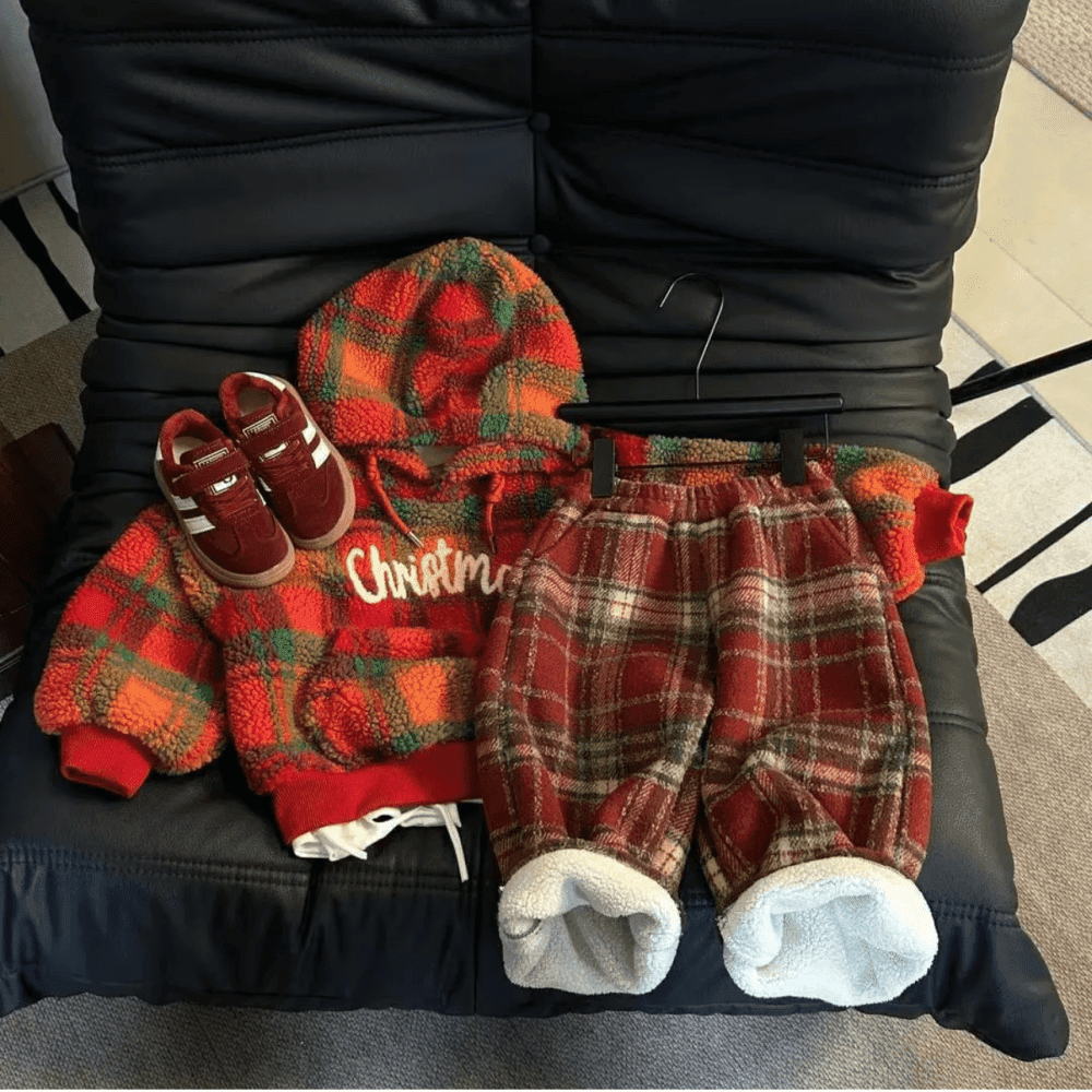 Winter Plaid Fleece-Lined Warm long Sleeve Hoodies Loose Pants Two Piece Set 4