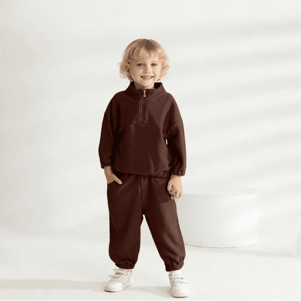 Autumn & Winter Children’s Casual Solid Plush Sweatshirt & Sweatpants Two Piece Set