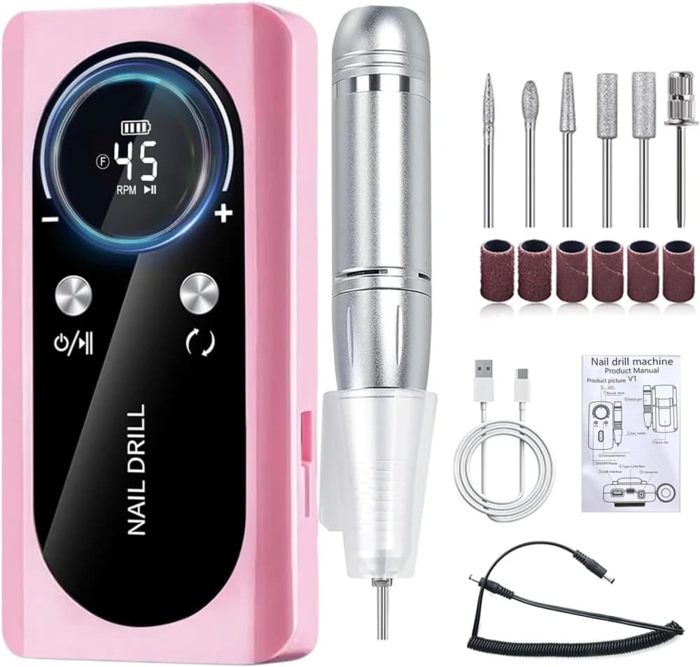 Cordless Nail Drill Professional, 45000 RPM Rechargeable Electric Nail File Kit with Smart LCD Screen, Portable Low Noise for Acrylic, Gel Nails, Manicure, Pedicure, For Salon, Home Use (Pink)