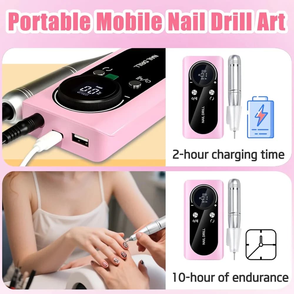 Cordless Nail Drill Professional, 45000 RPM Rechargeable Electric Nail File Kit with Smart LCD Screen, Portable Low Noise for Acrylic, Gel Nails, Manicure, Pedicure, For Salon, Home Use (Pink) view 3