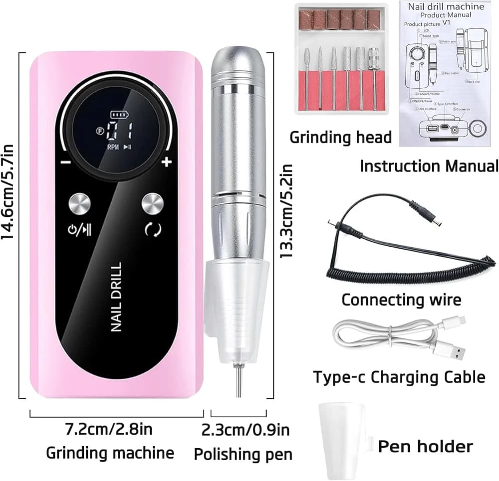 Cordless Nail Drill Professional, 45000 RPM Rechargeable Electric Nail File Kit with Smart LCD Screen, Portable Low Noise for Acrylic, Gel Nails, Manicure, Pedicure, For Salon, Home Use (Pink) view 2