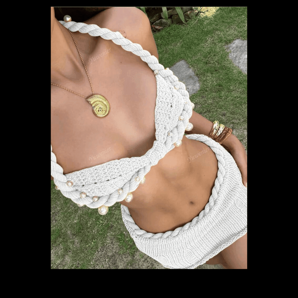 Crochet Bikini Top & Low Waist Knitted Mini Skirt view 2